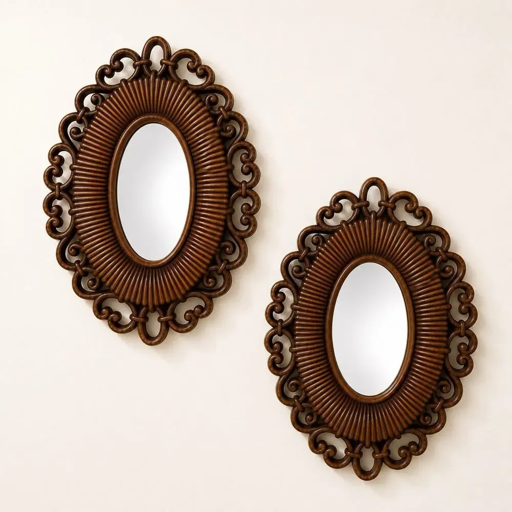 Vintage Wall Mirrors Pair HOMCO Faux Wood Oval Gallery Wall French Provincial
